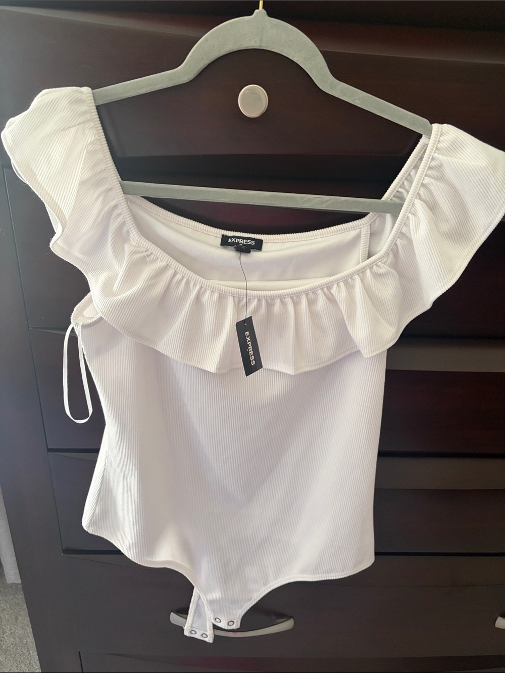 Express White Ruffle Off-Shoulder Bodysuit